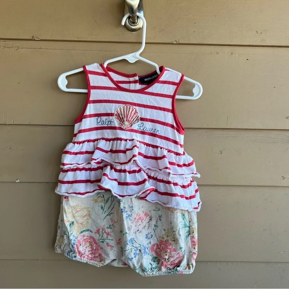 Ralph Lauren Infant Girls Romper Bubble Red Stripe Top/Floral Bottom Sz 12M